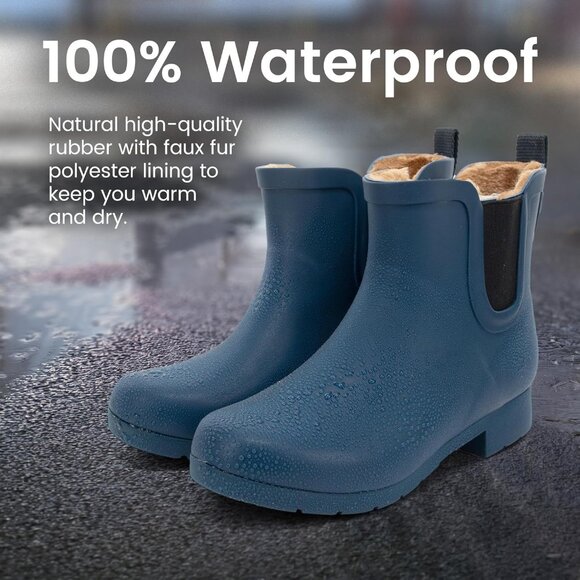 Women’s Blue Waterproof Plush Lined Slip On Rain Ankle Slim Chelsea Boots - Picture 8 of 13